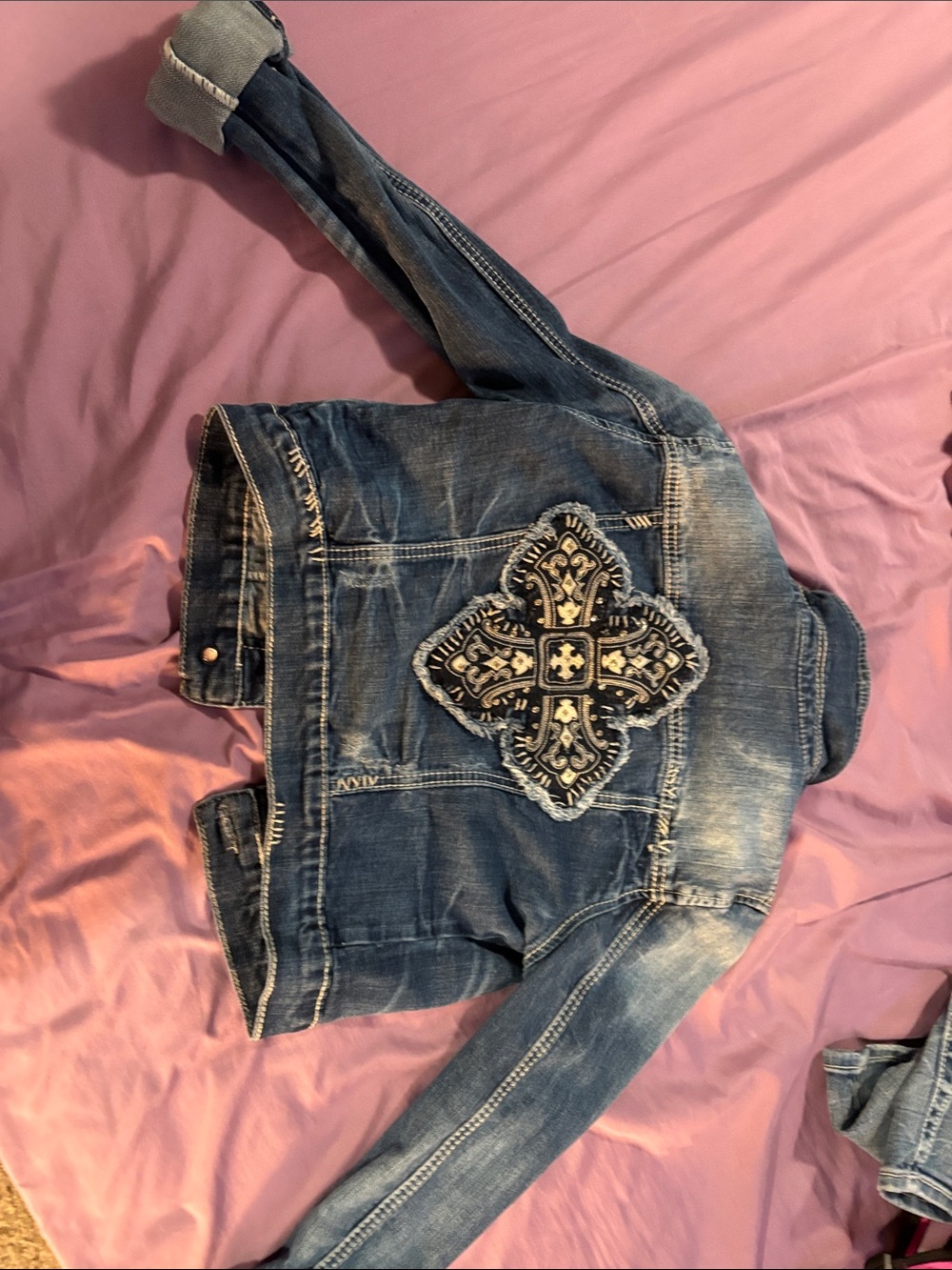 Miss Me Blue Denim Jacket with Embroidered Cross Back